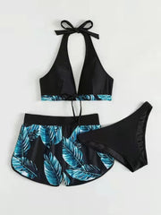 3-Piece Leaf Print Bikini & Shorts Set