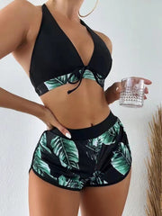 3-Piece Leaf Print Bikini & Shorts Set