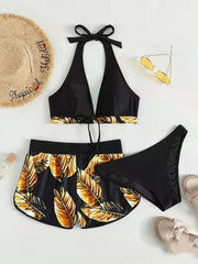 3-Piece Leaf Print Bikini & Shorts Set