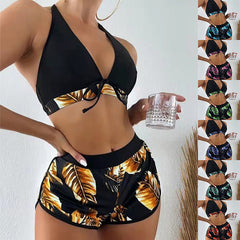 3-Piece Leaf Print Bikini & Shorts Set